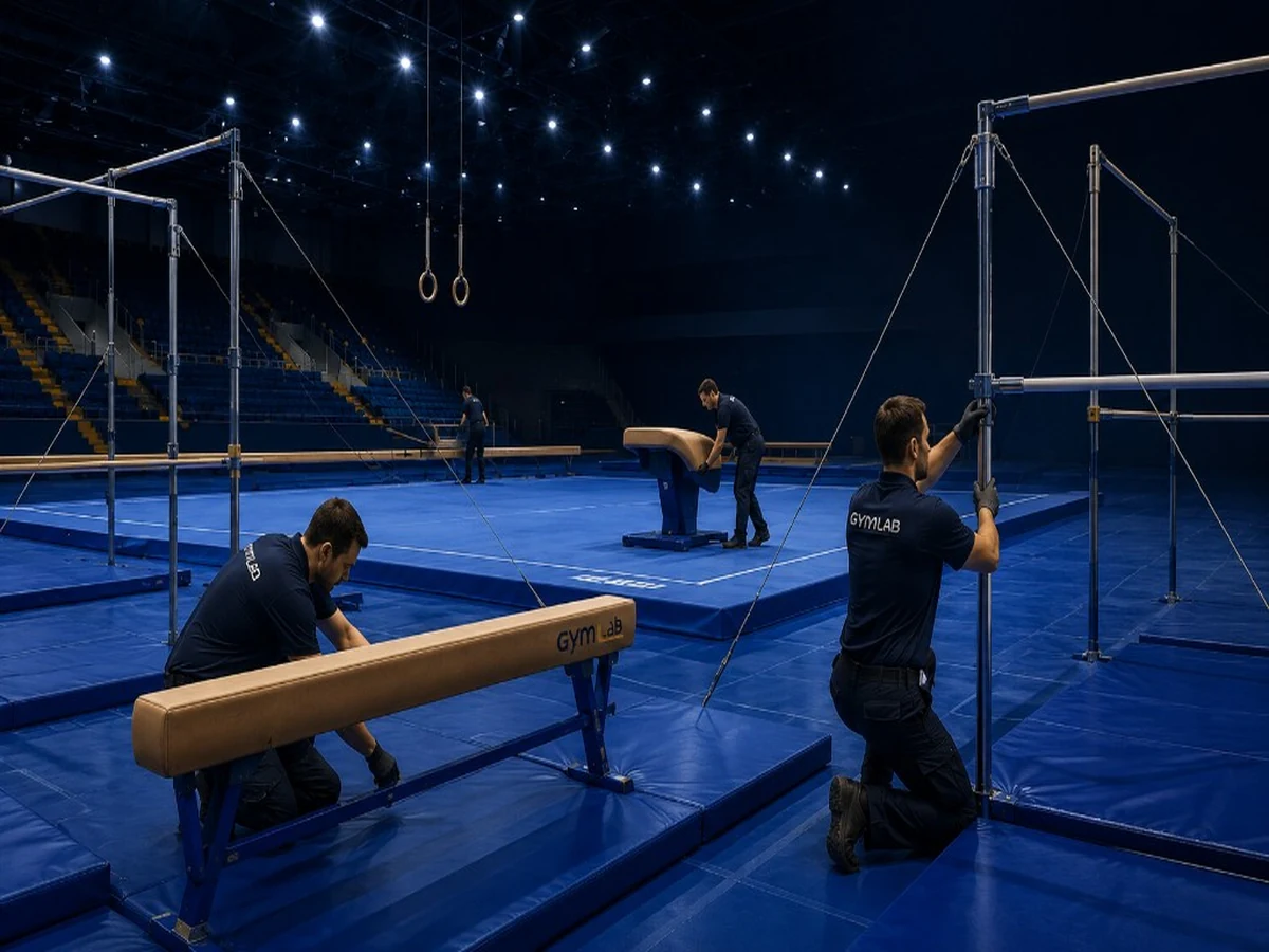 فنيون GYMLAB يركبون أجهزة جمباز في صالة احترافية